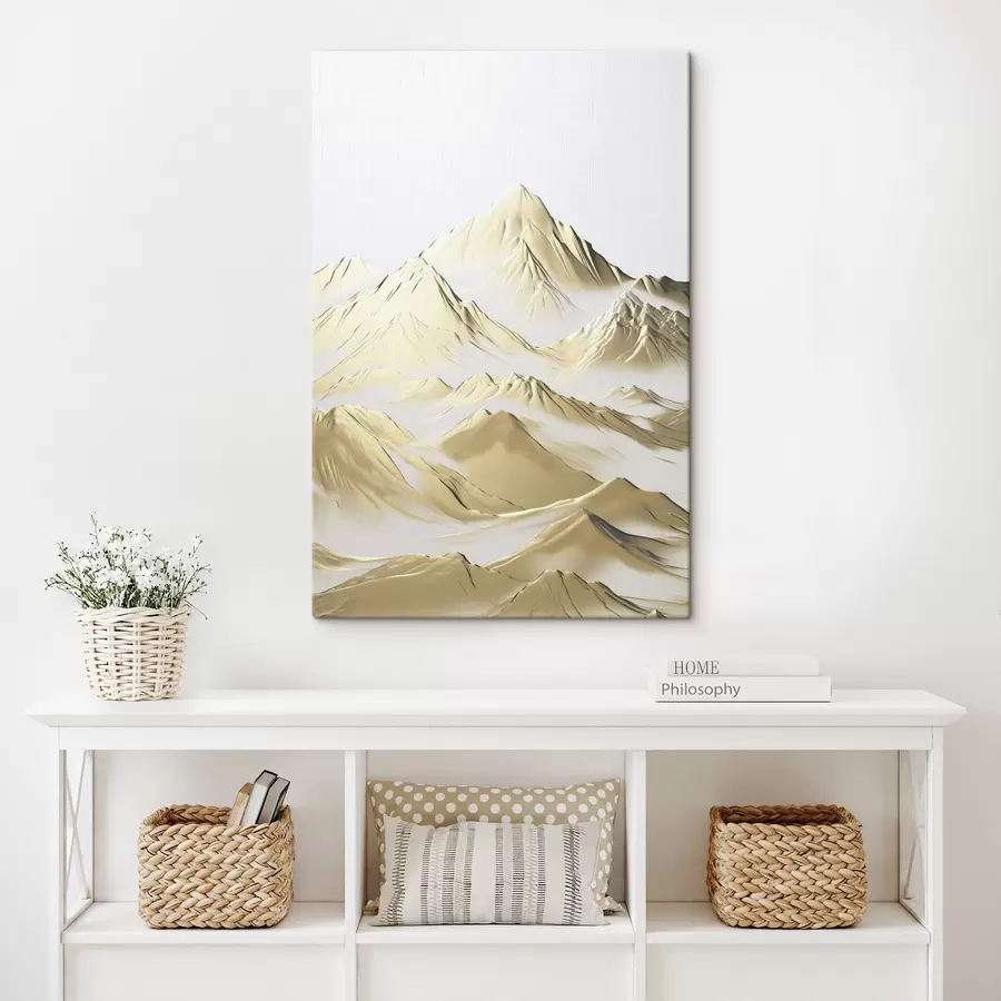 wall murals A landscape of yellow, snow-capped mountains with sharp peaks and deep valleys under a light sky s47421