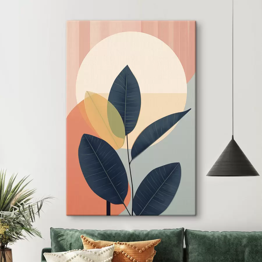 wall murals Dark leaves against a background of abstract shapes in peach and gray with a large, pale yellow circle s47424