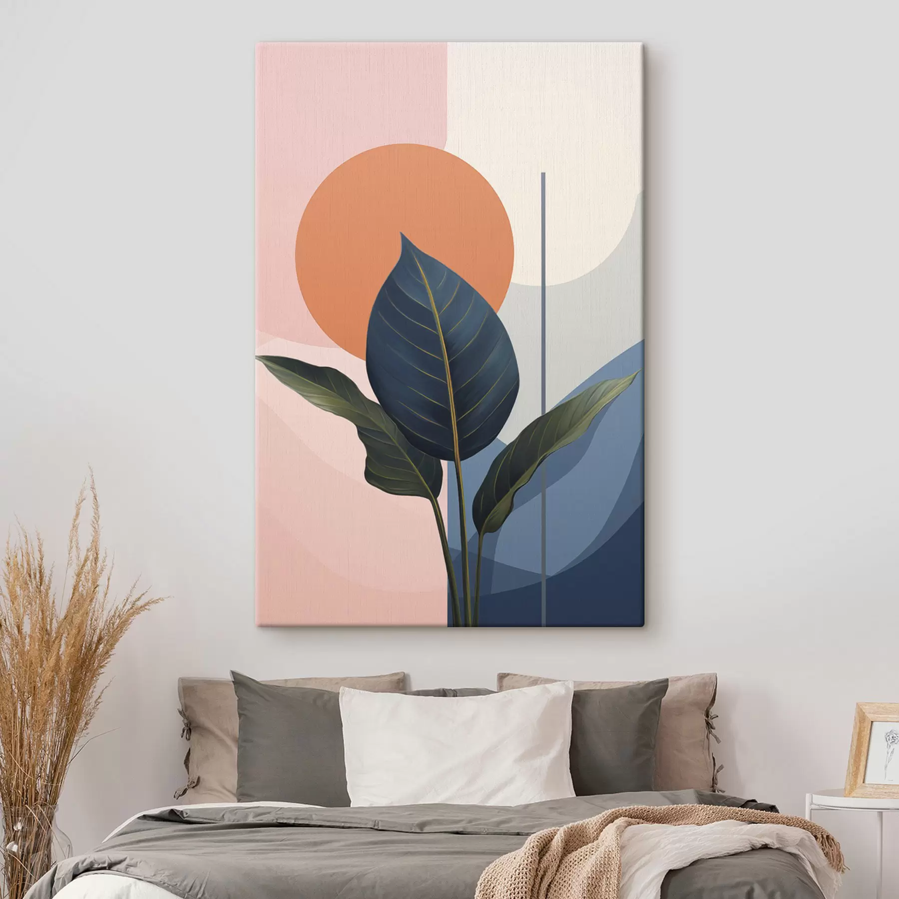 murales Hojas oscuras sobre un fondo de formas abstractas en tonos melocotón y gris con un círculo naranja. s47425