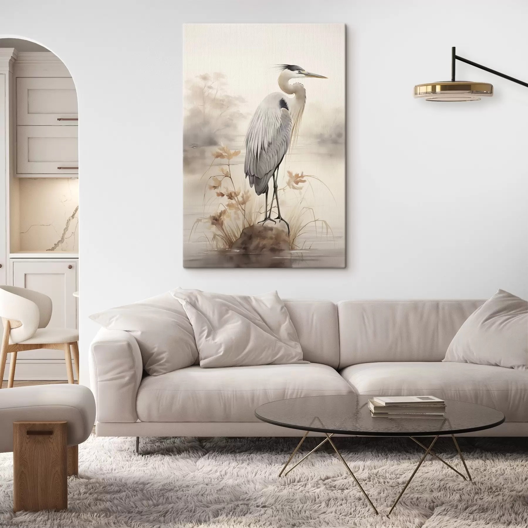 murales Una garza se posa sobre una roca en un lago con altos pastos y árboles al fondo. s47426