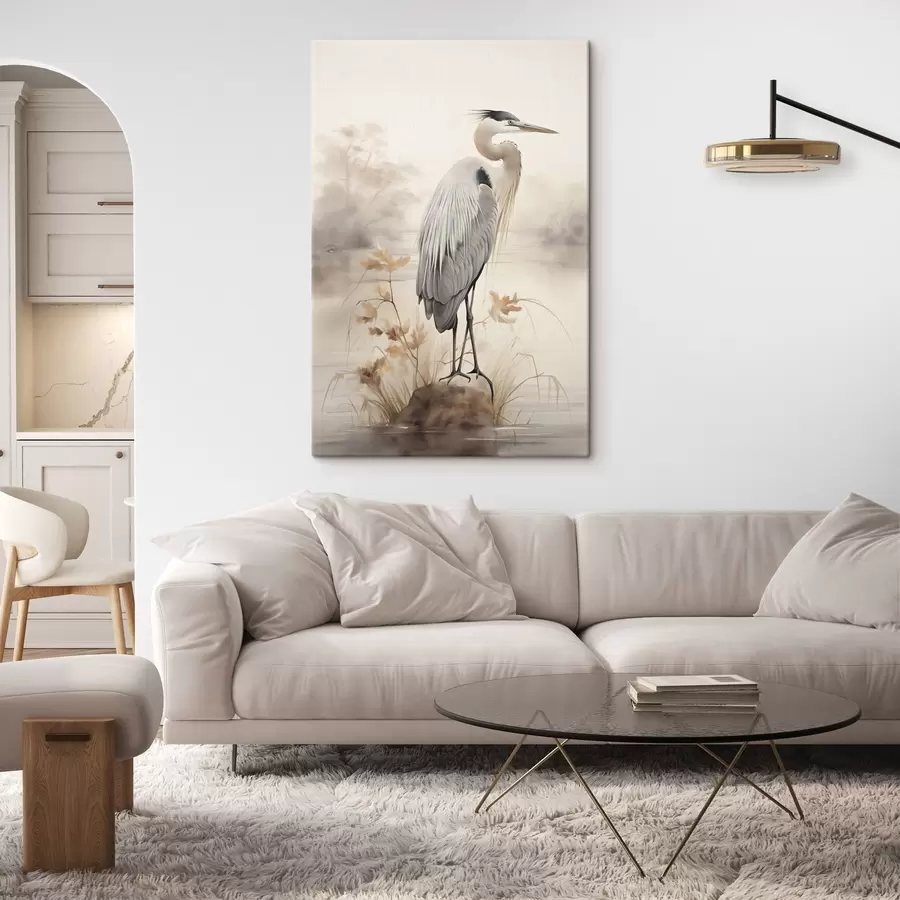 wall murals A heron stands on a rock in a lake with tall grasses and trees in the background s47426