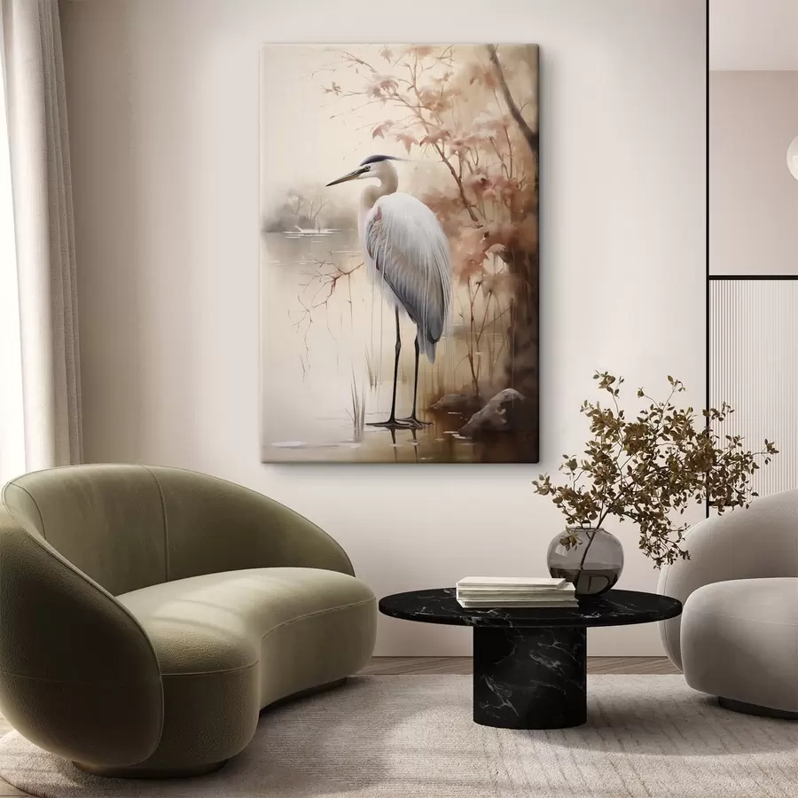 wall murals A heron stands on a rock in a lake with tall grasses and trees in the background s47427