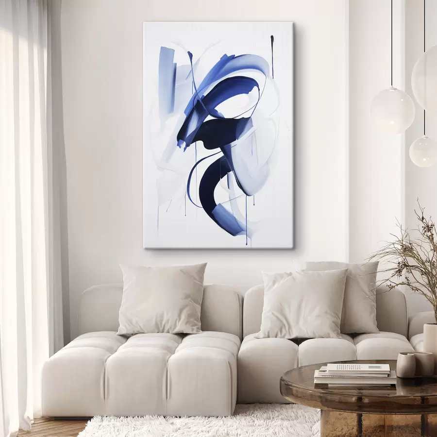 wall murals Abstract blue brushstroke-like shapes with fluid lines and curves against a white background, modern art s47428