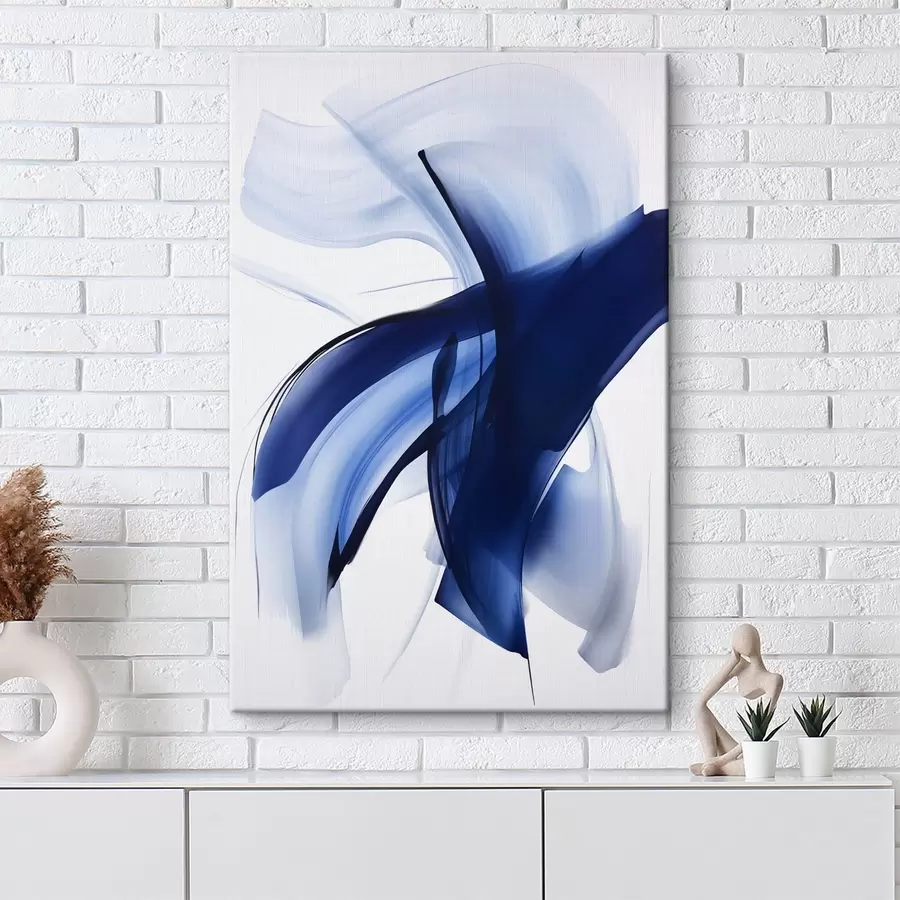 wall murals Abstract blue brushstroke-like shapes with fluid lines and curves against a white background, modern art s47429