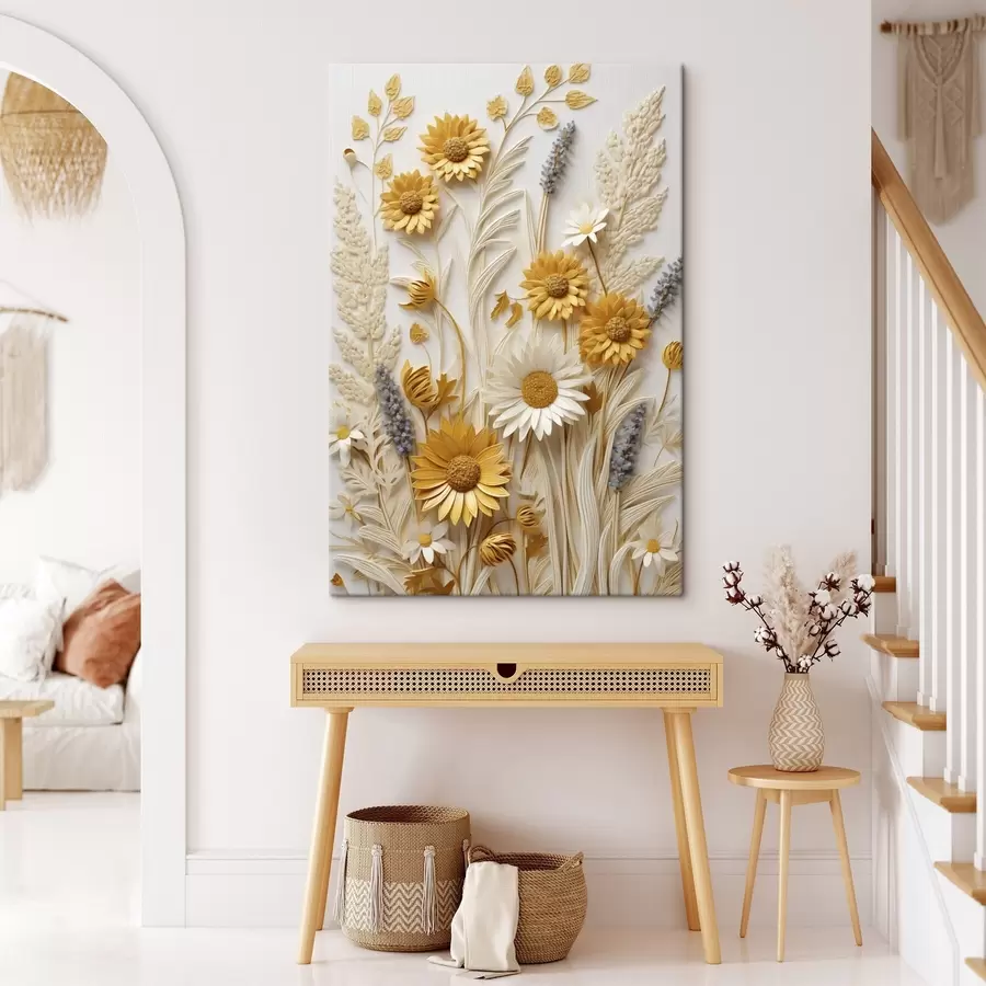 murales Una colección texturizada de margaritas amarillas y blancas con hierbas secas y ramitas de lavanda sobre un fondo blanco. s47430
