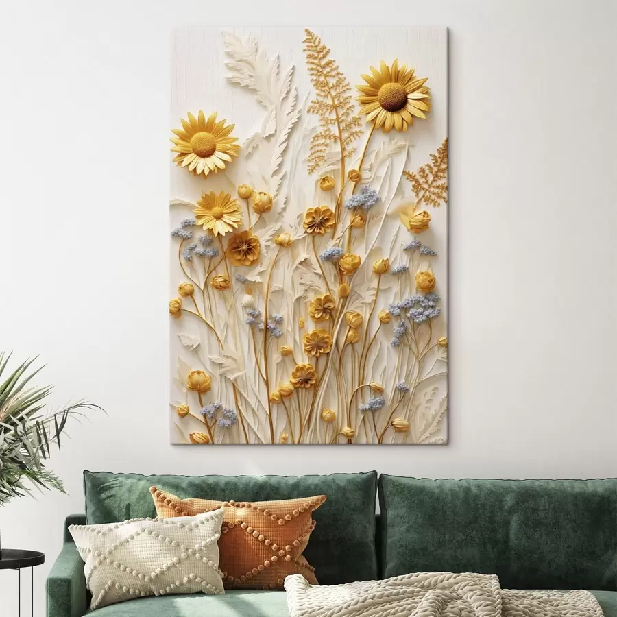 wall murals A textured collection of yellow and white daisies with dried grasses and lavender sprigs on a white background s47431