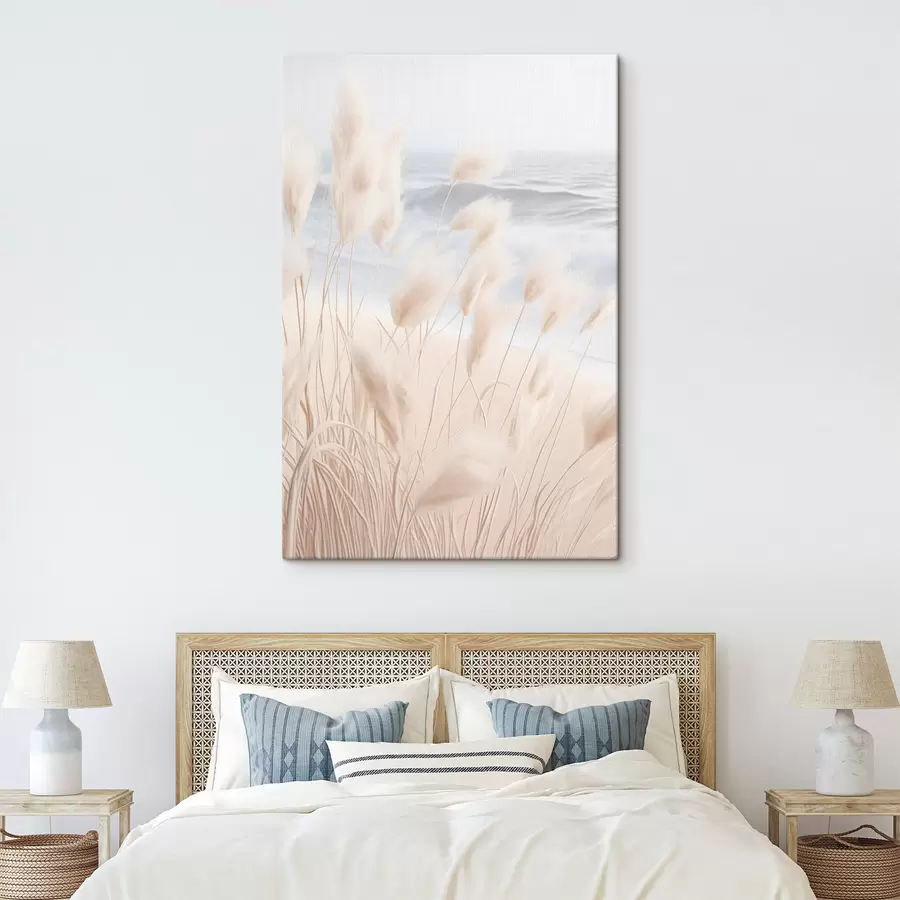 wall murals Tall, feathery pampas grass in soft beige tones in the foreground, with a sandy beach in the background s47432