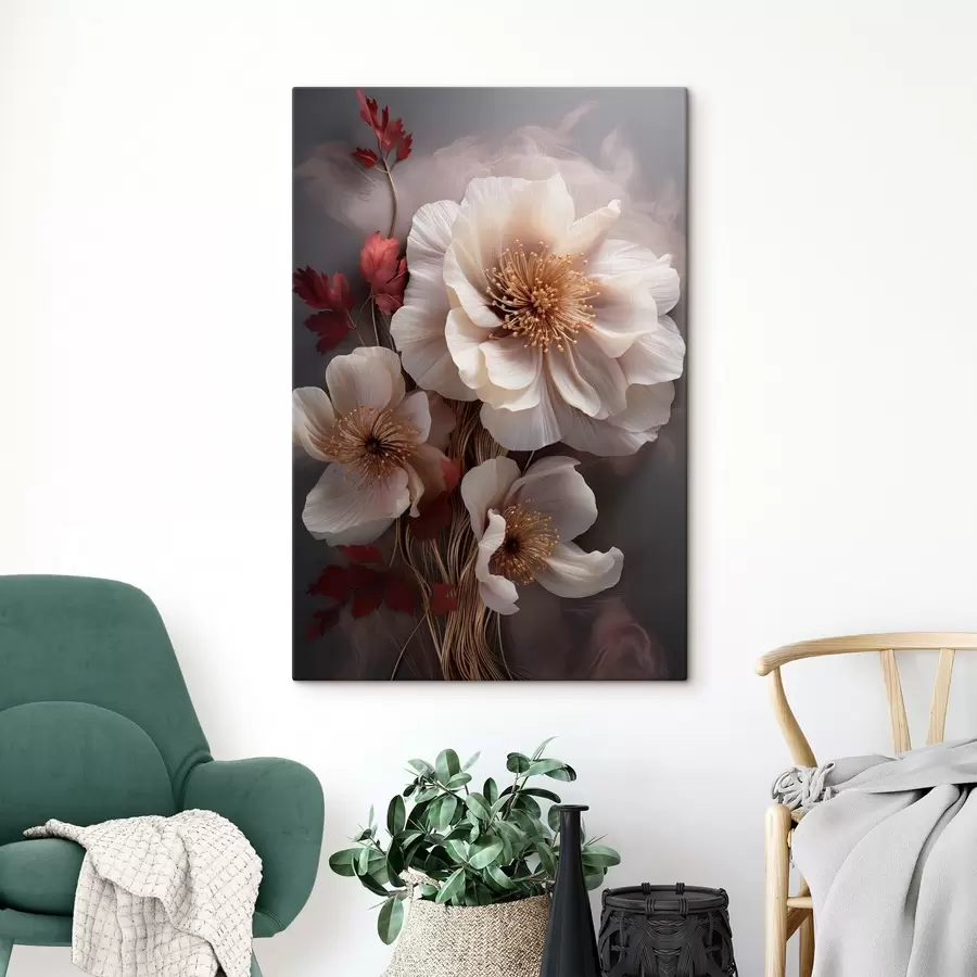 wall murals Delicate peonies with thin, wispy petals, surrounded by dark red leaves against abstract background s47434