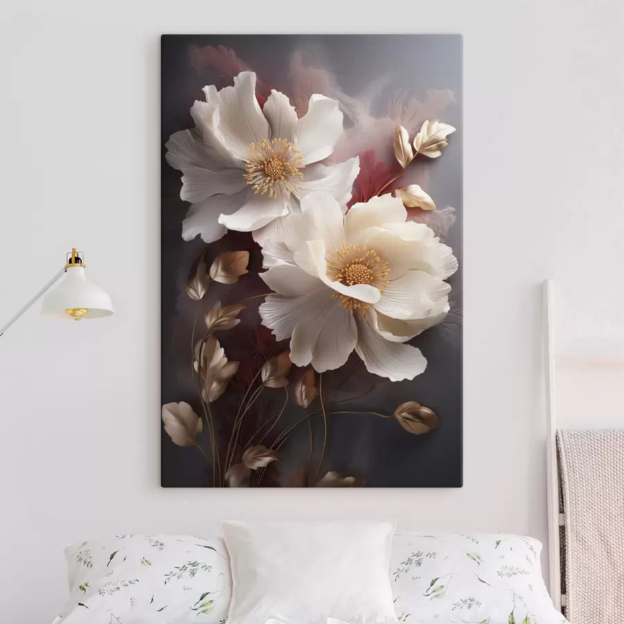 wall murals Delicate peonies with thin, wispy petals, surrounded by dark red and yellow leaves against abstract background s47435