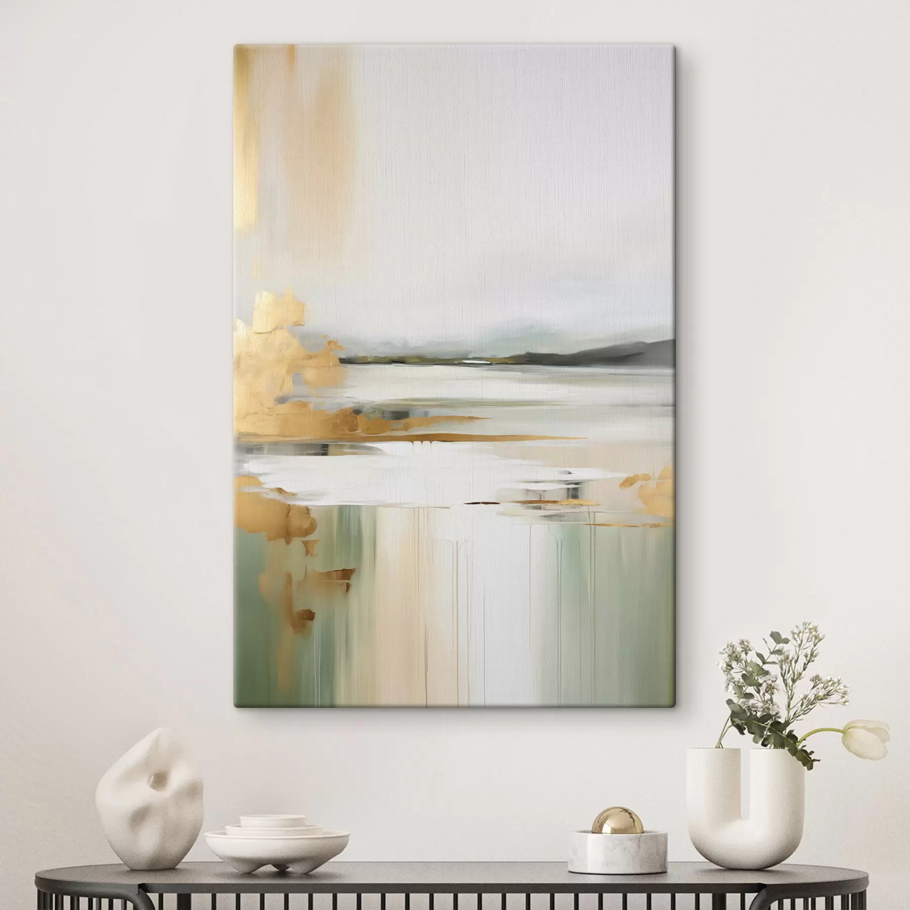 murales Paisaje abstracto con tonos amarillos y verdes, agua que refleja el cielo y montañas lejanas, cielo pálido y brumoso. s47438
