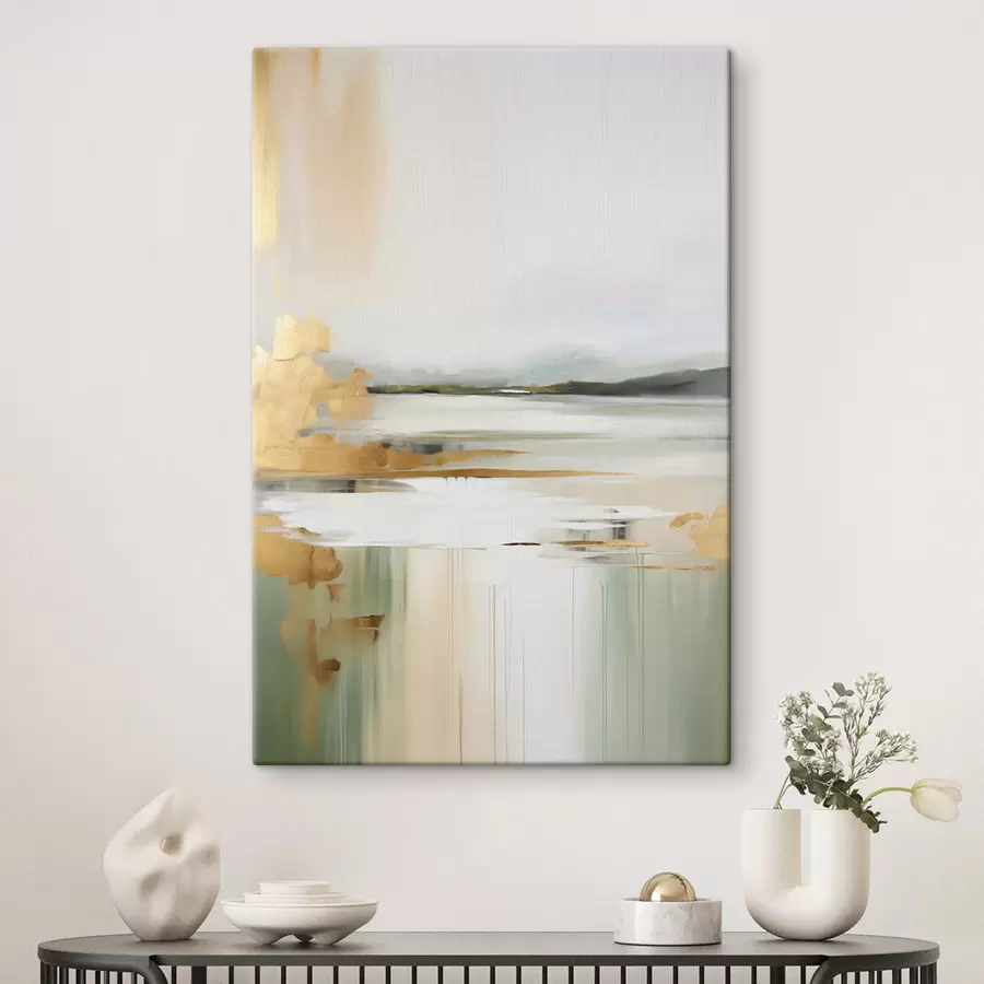 wall murals Abstract landscape with yellow and green tones, water reflecting the sky and distant mountains, pale, hazy sky s47438