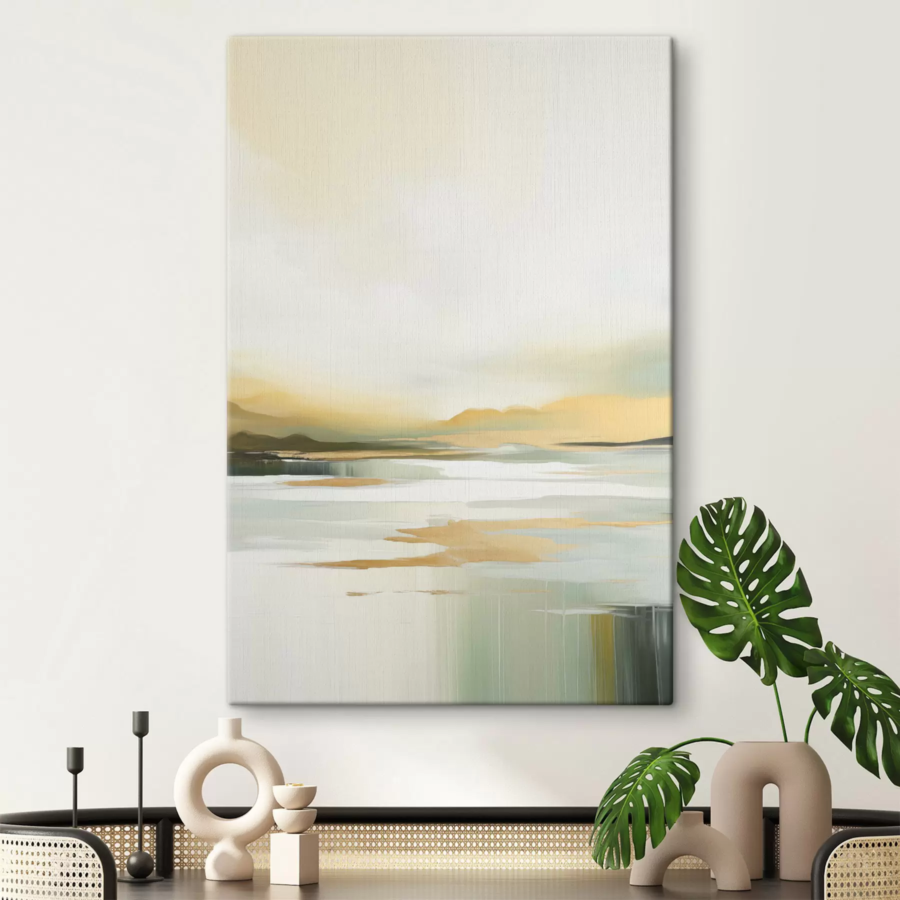 murales Paisaje abstracto con tonos amarillos y verdes, agua que refleja el cielo y montañas lejanas, cielo pálido y brumoso. s47439