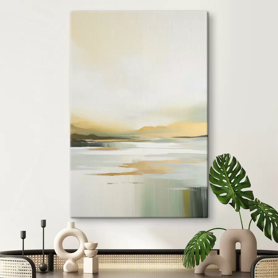 wall murals Abstract landscape with yellow and green tones, water reflecting the sky and distant mountains, pale, hazy sky s47439