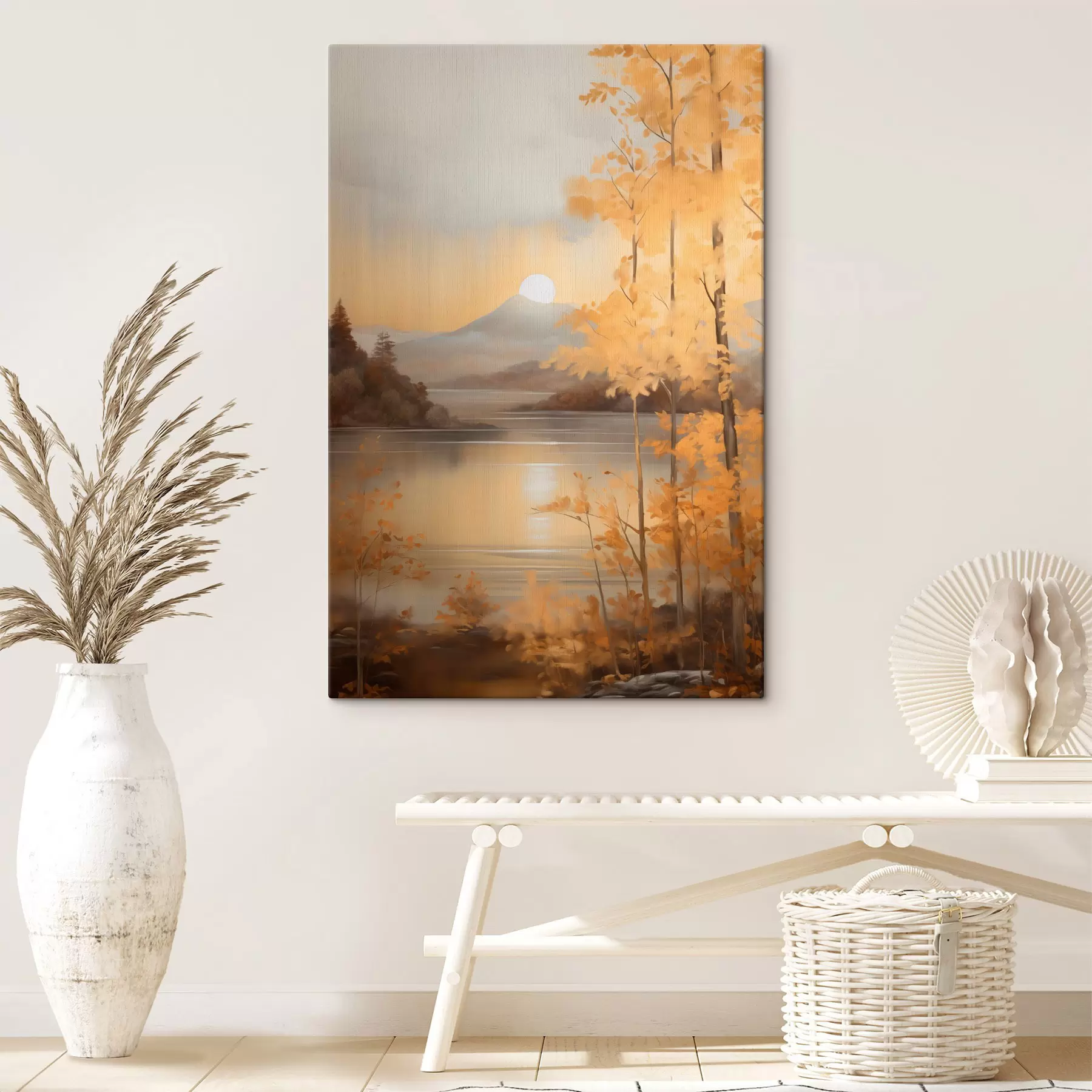 murales Árboles otoñales con hojas anaranjadas enmarcan un lago tranquilo con montañas lejanas bajo un cielo nublado. s47440