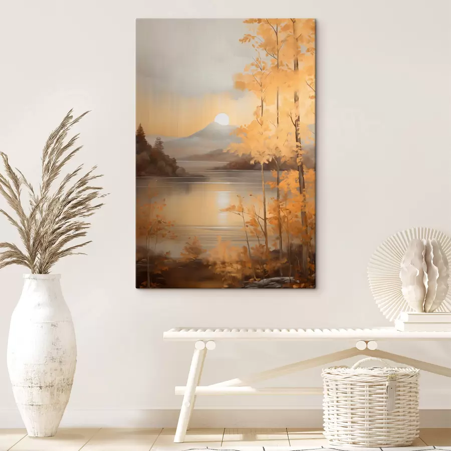 murales Árboles otoñales con hojas anaranjadas enmarcan un lago tranquilo con montañas lejanas bajo un cielo nublado. s47440