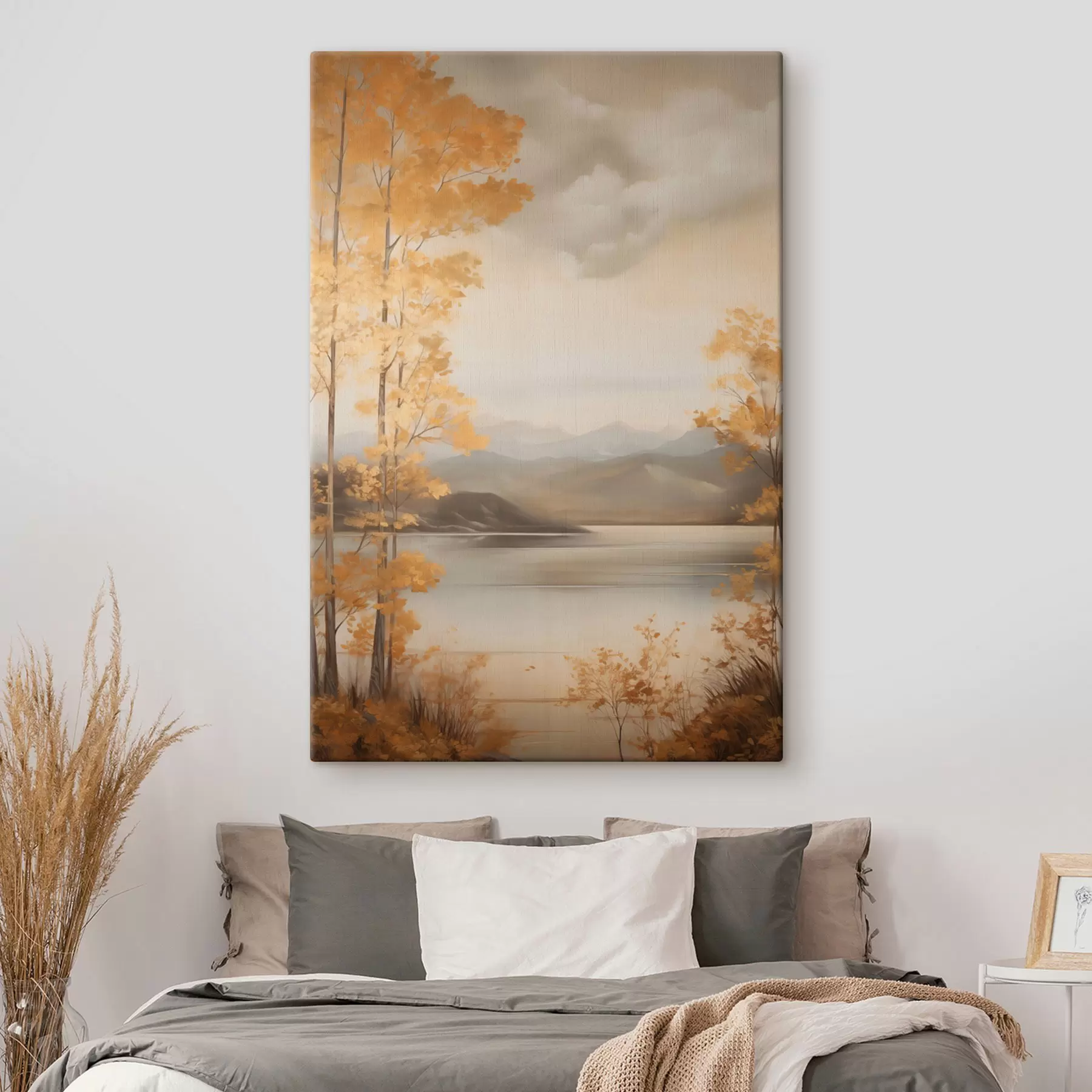 wall murals Autumn textured trees with orange leaves frame a calm lake with distant mountains under a cloudy sky s47441