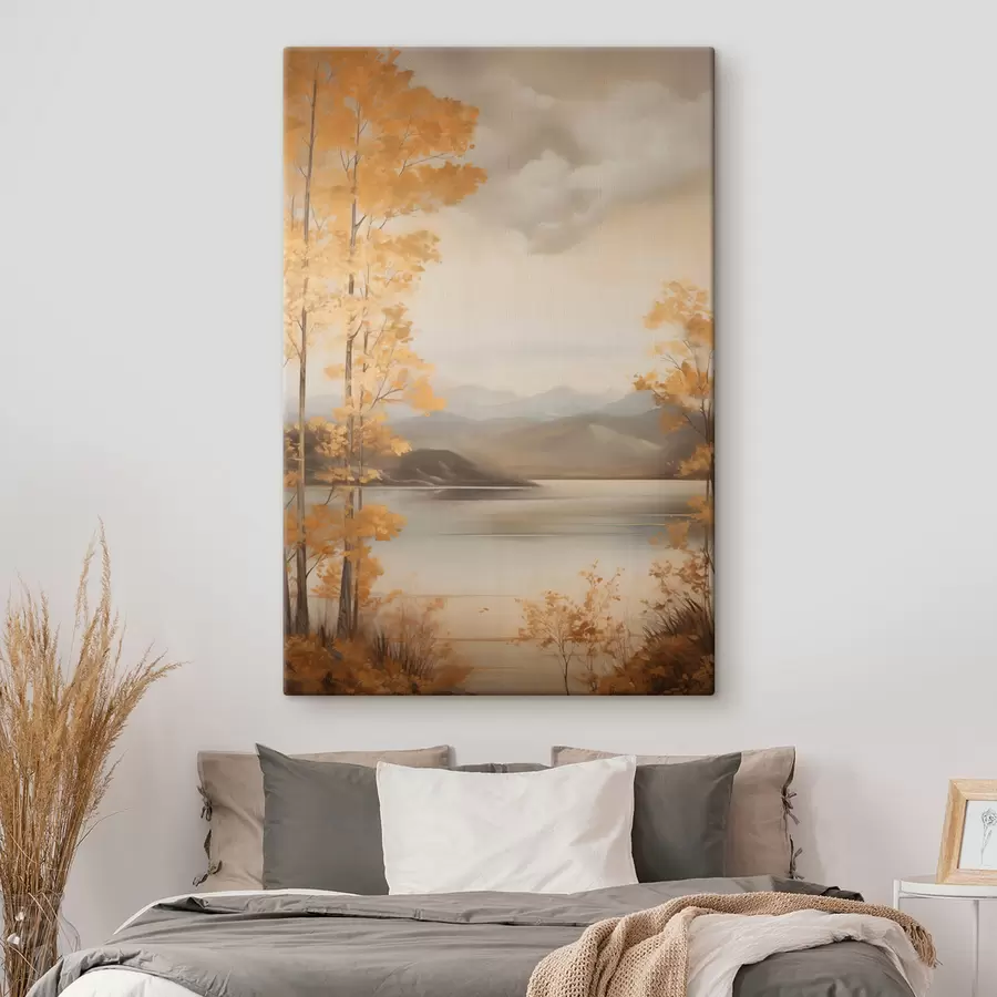 murales Árboles otoñales con hojas anaranjadas enmarcan un lago tranquilo con montañas lejanas bajo un cielo nublado. s47441