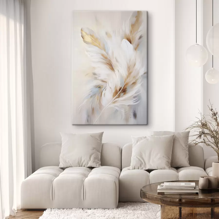 wall murals Large, soft feathers with a blend of white, yellow and brown hues, against a light, abstract background s47442