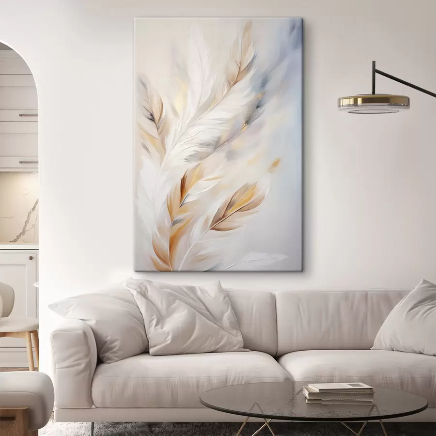 wall murals Large, soft feathers with a blend of white, yellow and brown hues, against a light, abstract background s47443