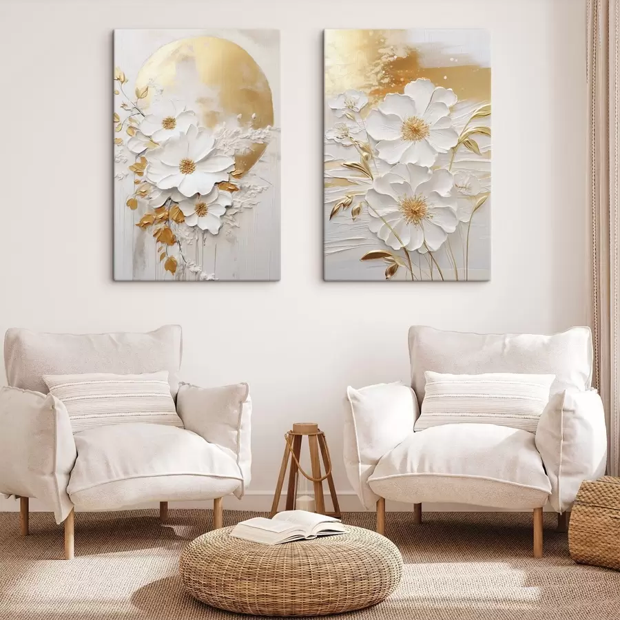 wall murals White flowers with yellow accents and delicate leaves against a textured background, modern art m01233