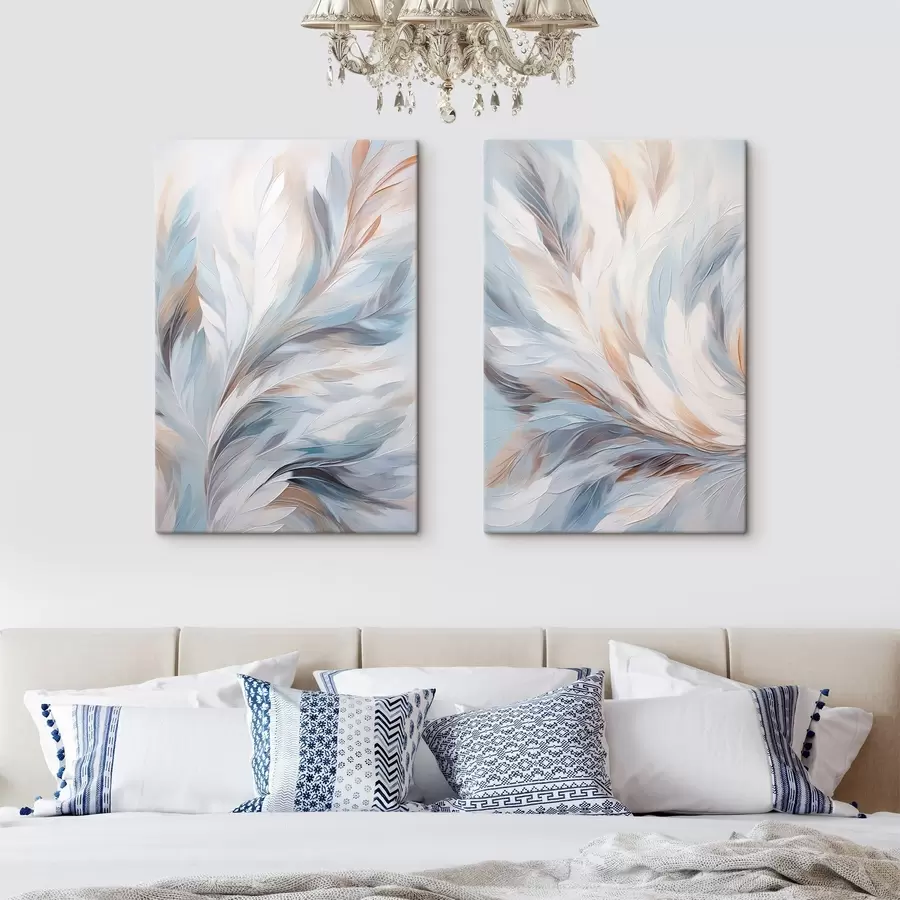 wall murals Abstract painting of feathers in shades of white, blue and brown, with a soft, flowing texture and a light background m01234