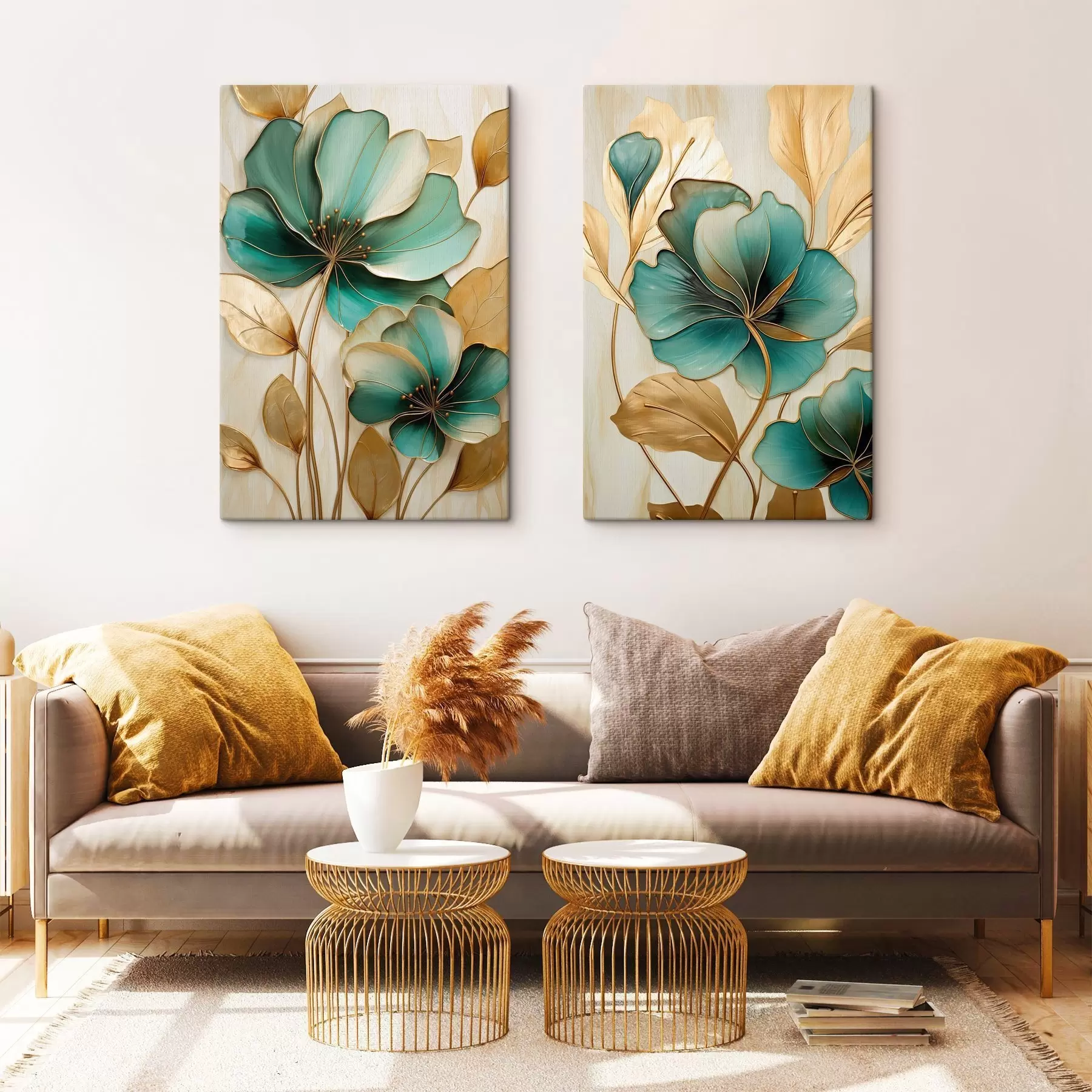 wall murals Large teal and yellow flowers with outlines, surrounded by yellow leaves against abstract background m01235