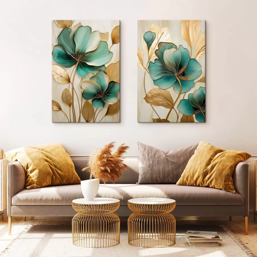 wall murals Large teal and yellow flowers with outlines, surrounded by yellow leaves against abstract background m01235