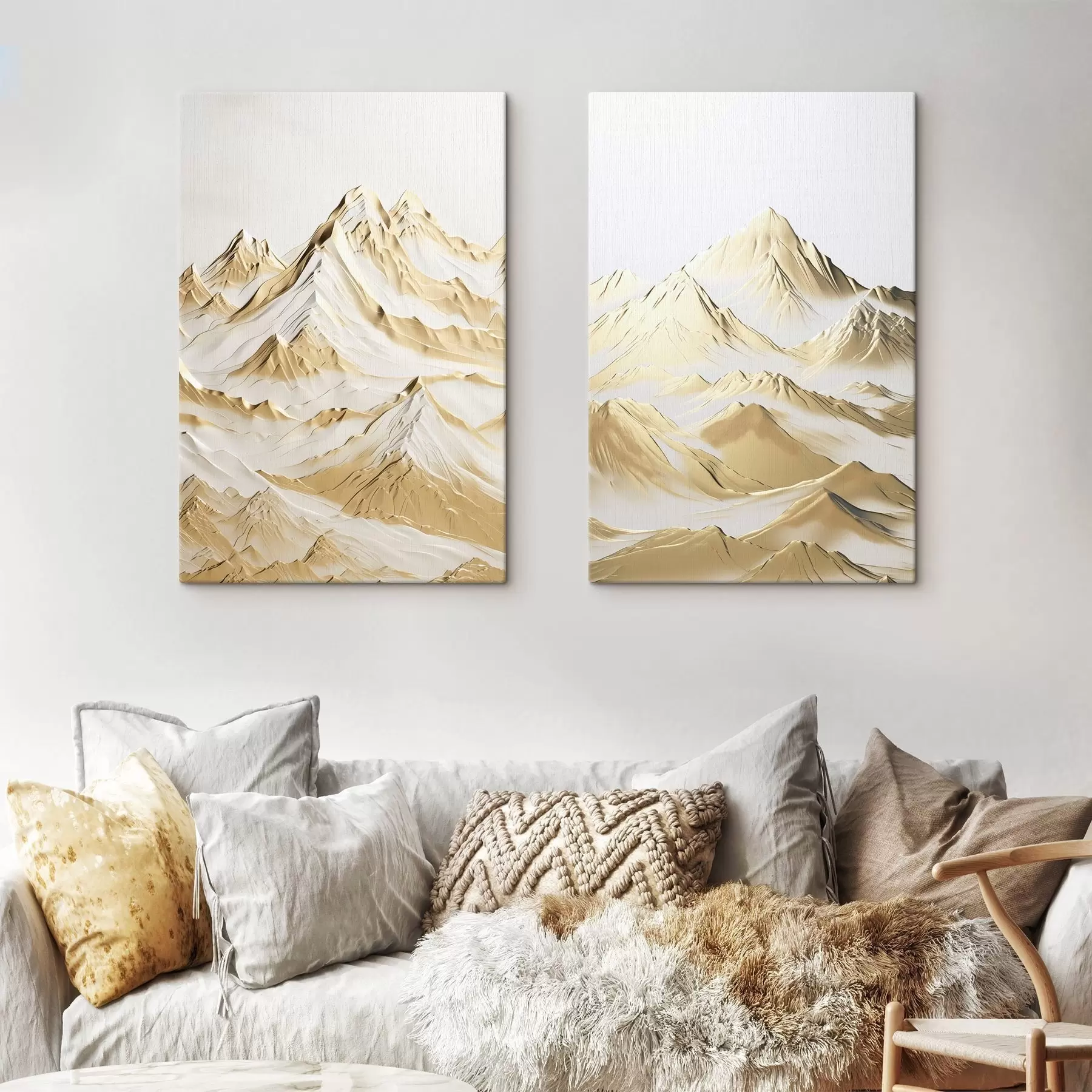 wall murals A landscape of yellow, snow-capped mountains with sharp peaks and deep valleys under a light sky m01236