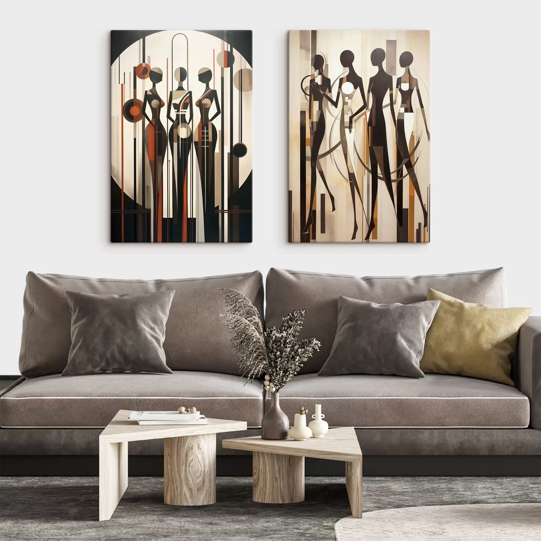 murales Figuras femeninas estilizadas con elementos geométricos sobre un fondo abstracto de líneas verticales y círculos. m01237
