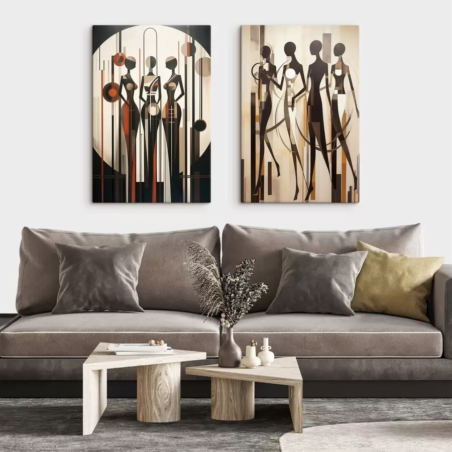 wall murals Stylized female figures with geometric elements against an abstract background of vertical lines and circles m01237