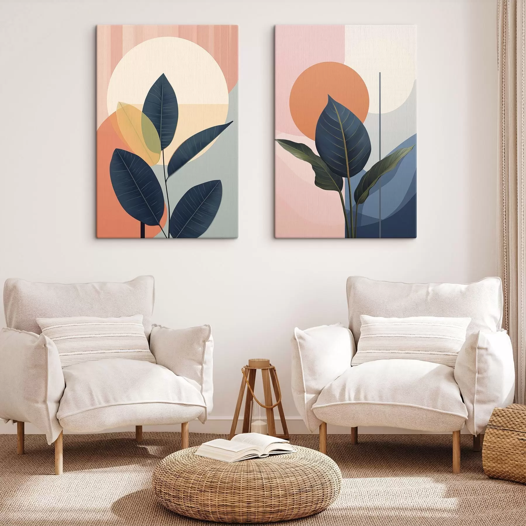 wall murals Dark leaves against a background of abstract shapes in peach and gray with a large, pale yellow circle m01238