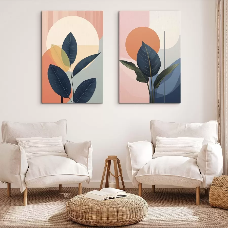 wall murals Dark leaves against a background of abstract shapes in peach and gray with a large, pale yellow circle m01238