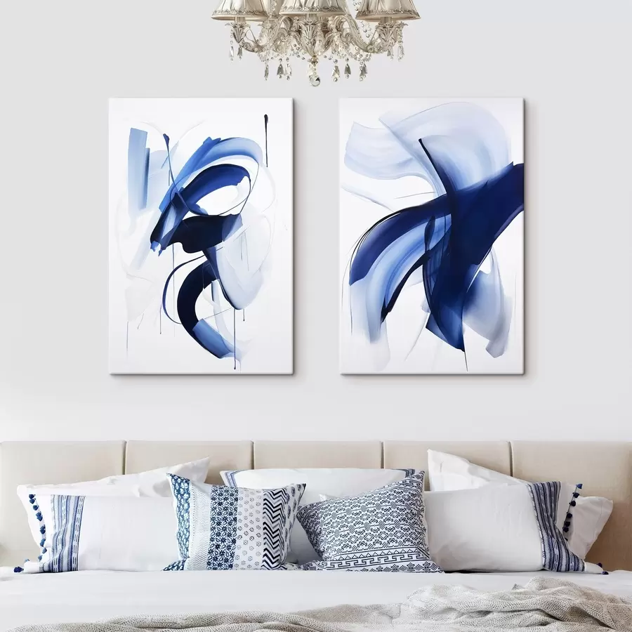 wall murals Abstract blue brushstroke-like shapes with fluid lines and curves against a white background, modern art m01240