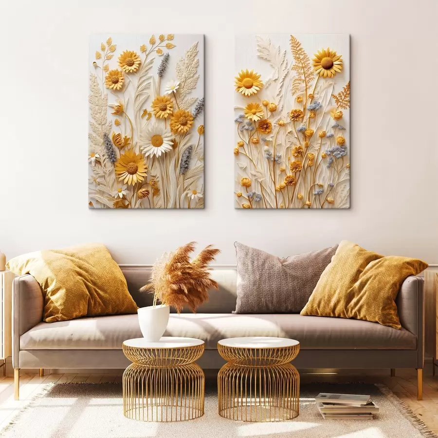 murales Una colección texturizada de margaritas amarillas y blancas con hierbas secas y ramitas de lavanda sobre un fondo blanco. m01241