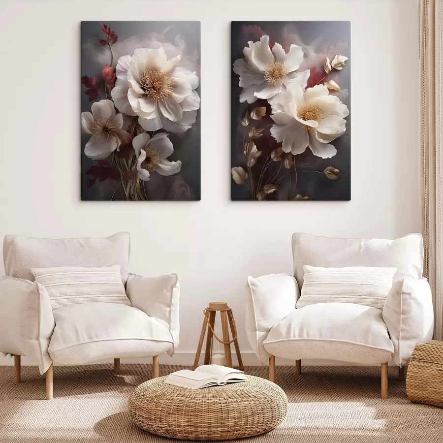 wall murals Delicate peonies with thin, wispy petals, surrounded by dark red and yellow leaves against abstract background m01243
