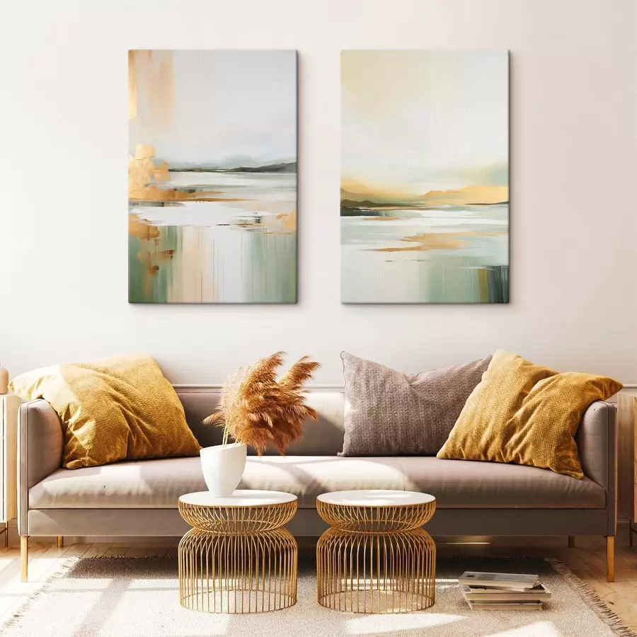 wall murals Abstract landscape with yellow and green tones, water reflecting the sky and distant mountains, pale, hazy sky m01245