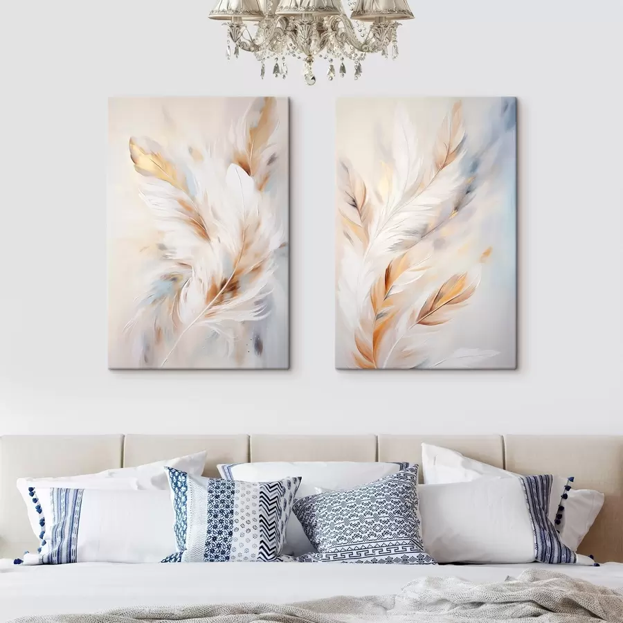 wall murals Large, soft feathers with a blend of white, yellow and brown hues, against a light, abstract background m01247