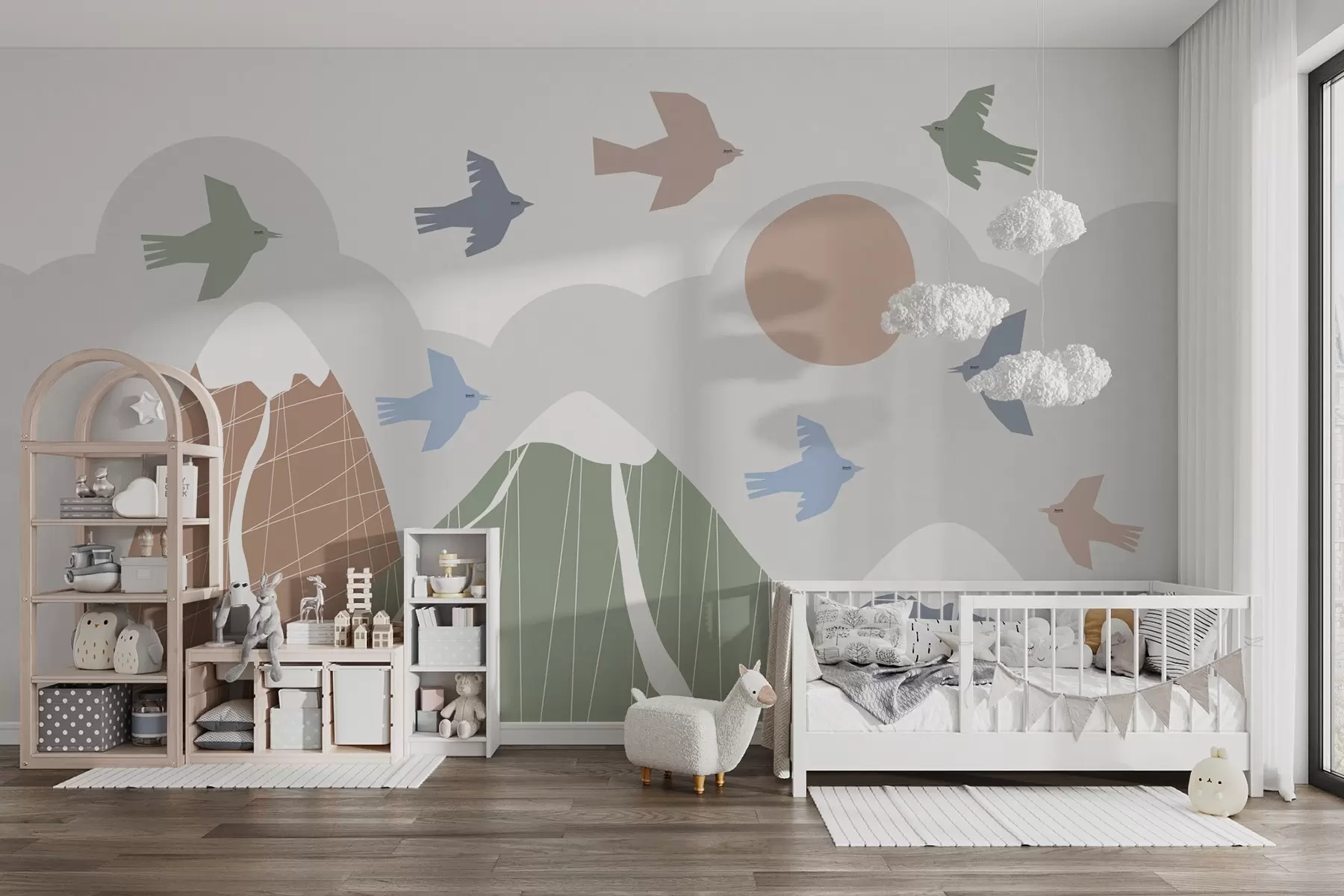 wall murals Scandinavian mountains and birds w05166v1