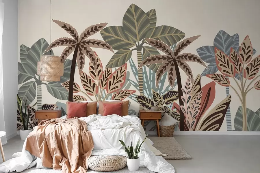 Wall Mural Photo Wallpaper Textured tropical plants and palm trees with muted colors in decorative boho style against a cream background w09639