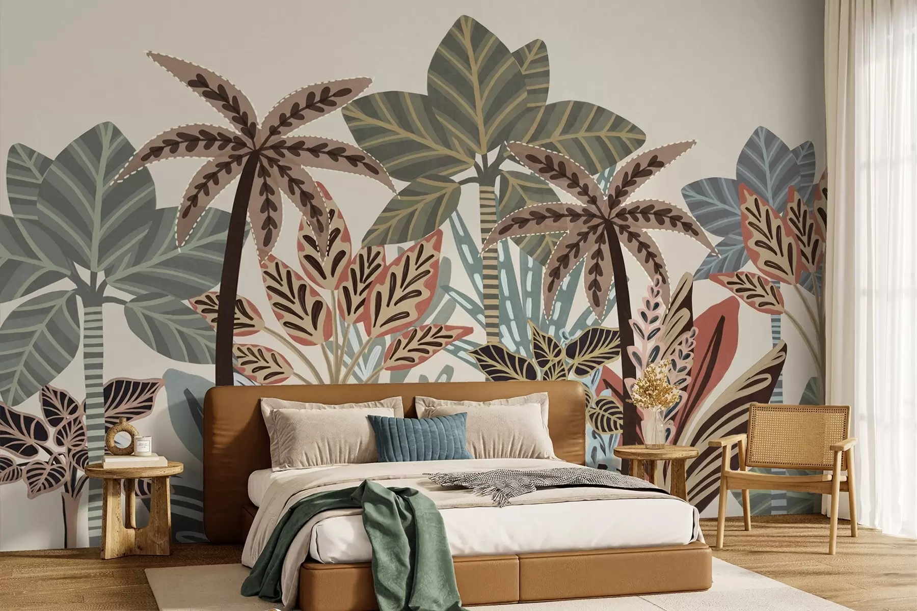 murales Plantas tropicales con textura y palmeras con colores apagados en estilo boho decorativo sobre un fondo crema. w09639