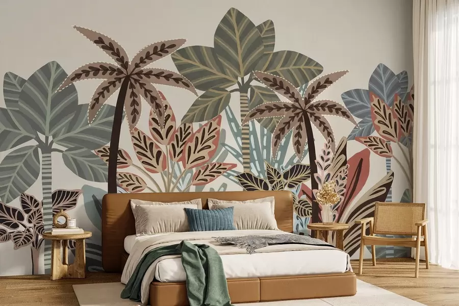 wall murals Textured tropical plants and palm trees with muted colors in decorative boho style against a cream background w09639