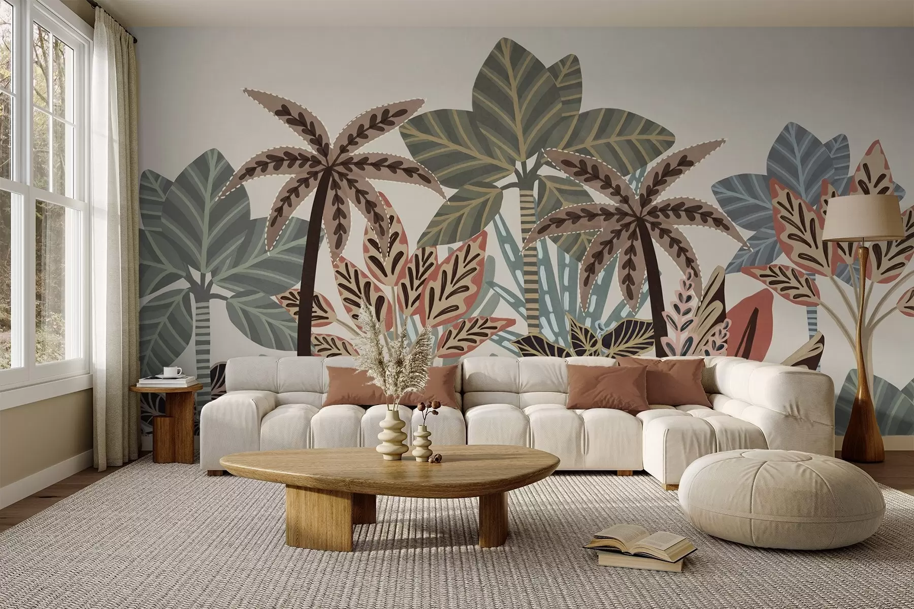 wall murals Textured tropical plants and palm trees with muted colors in decorative boho style against a cream background w09639