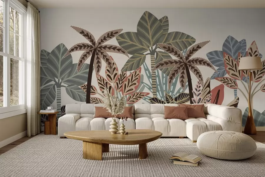 murales Plantas tropicales con textura y palmeras con colores apagados en estilo boho decorativo sobre un fondo crema. w09639
