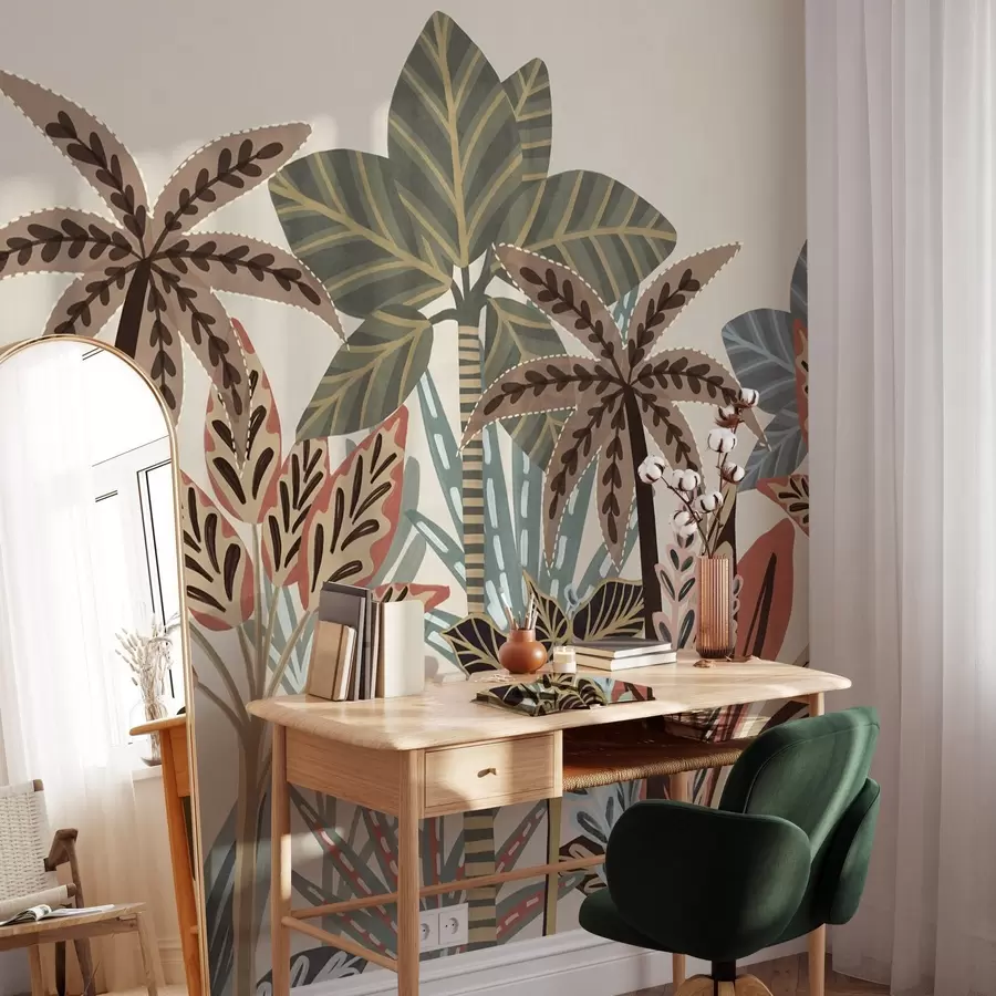Wall Mural Photo Wallpaper Textured tropical plants and palm trees with muted colors in decorative boho style against a cream background w09639