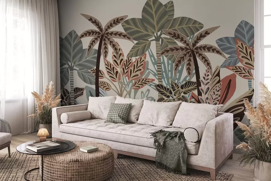 Wall Mural Photo Wallpaper Textured tropical plants and palm trees with muted colors in decorative boho style against a cream background w09639