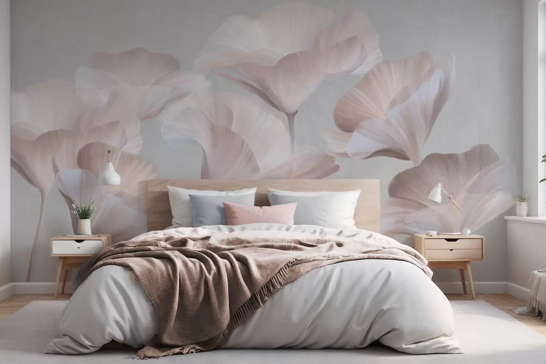 Wall Mural Photo Wallpaper Pale peach textured translucent lotus flowers with delicate petals against a muted gray background w09640
