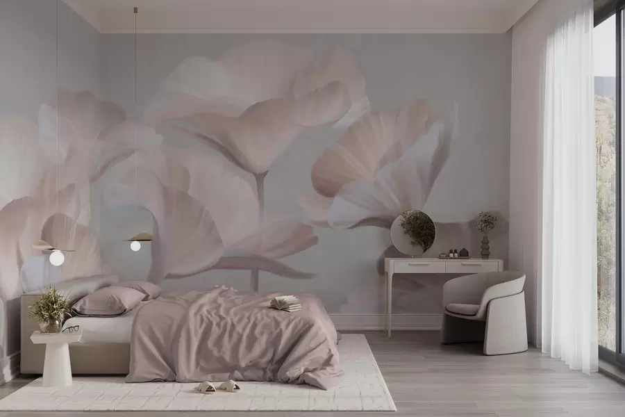 Wall Mural Photo Wallpaper Pale peach textured translucent lotus flowers with delicate petals against a muted gray background w09640