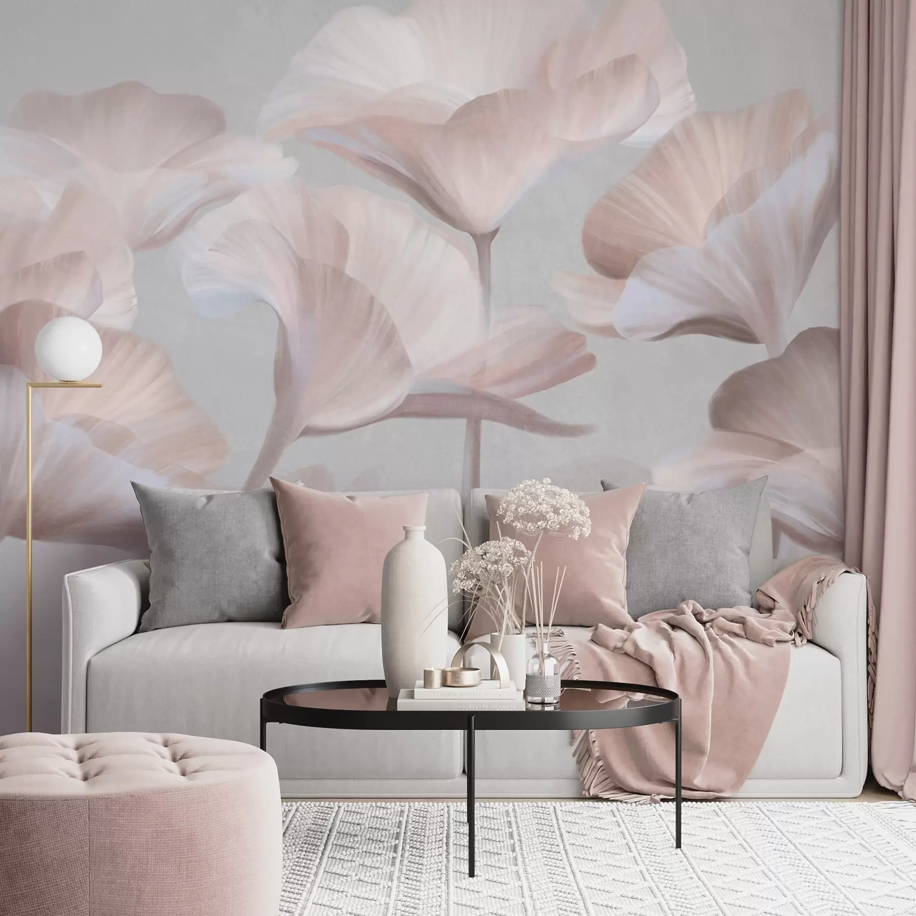 Wall Mural Photo Wallpaper Pale peach textured translucent lotus flowers with delicate petals against a muted gray background w09640