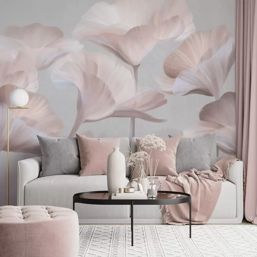 Wall Mural Photo Wallpaper Pale peach textured translucent lotus flowers with delicate petals against a muted gray background w09640