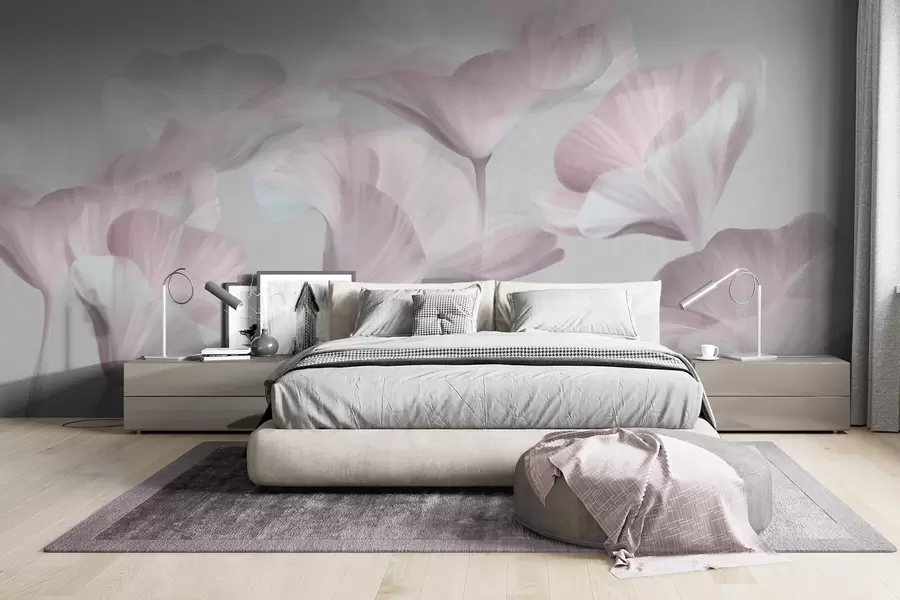 murales Flores de loto translúcidas de color rosa pálido con pétalos delicados sobre un fondo gris apagado. w09640v1